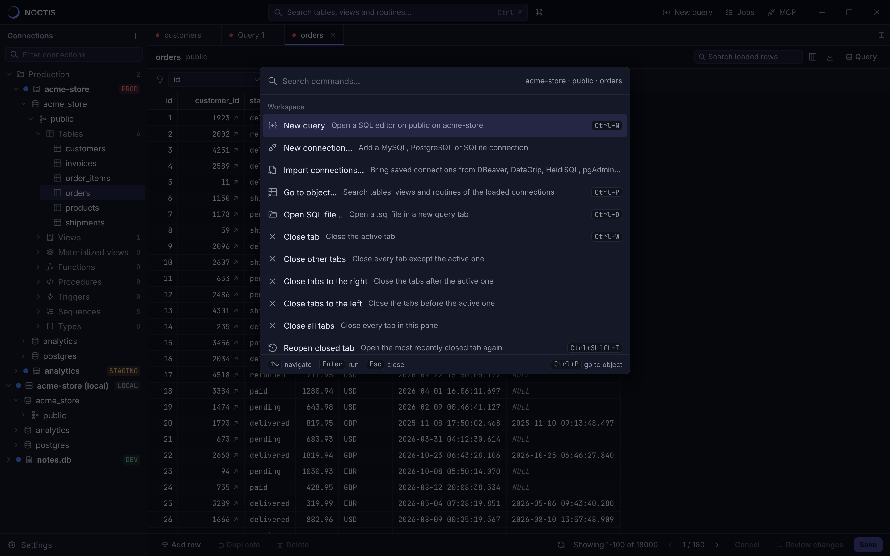 The NOCTIS command palette listing workspace commands with their shortcuts