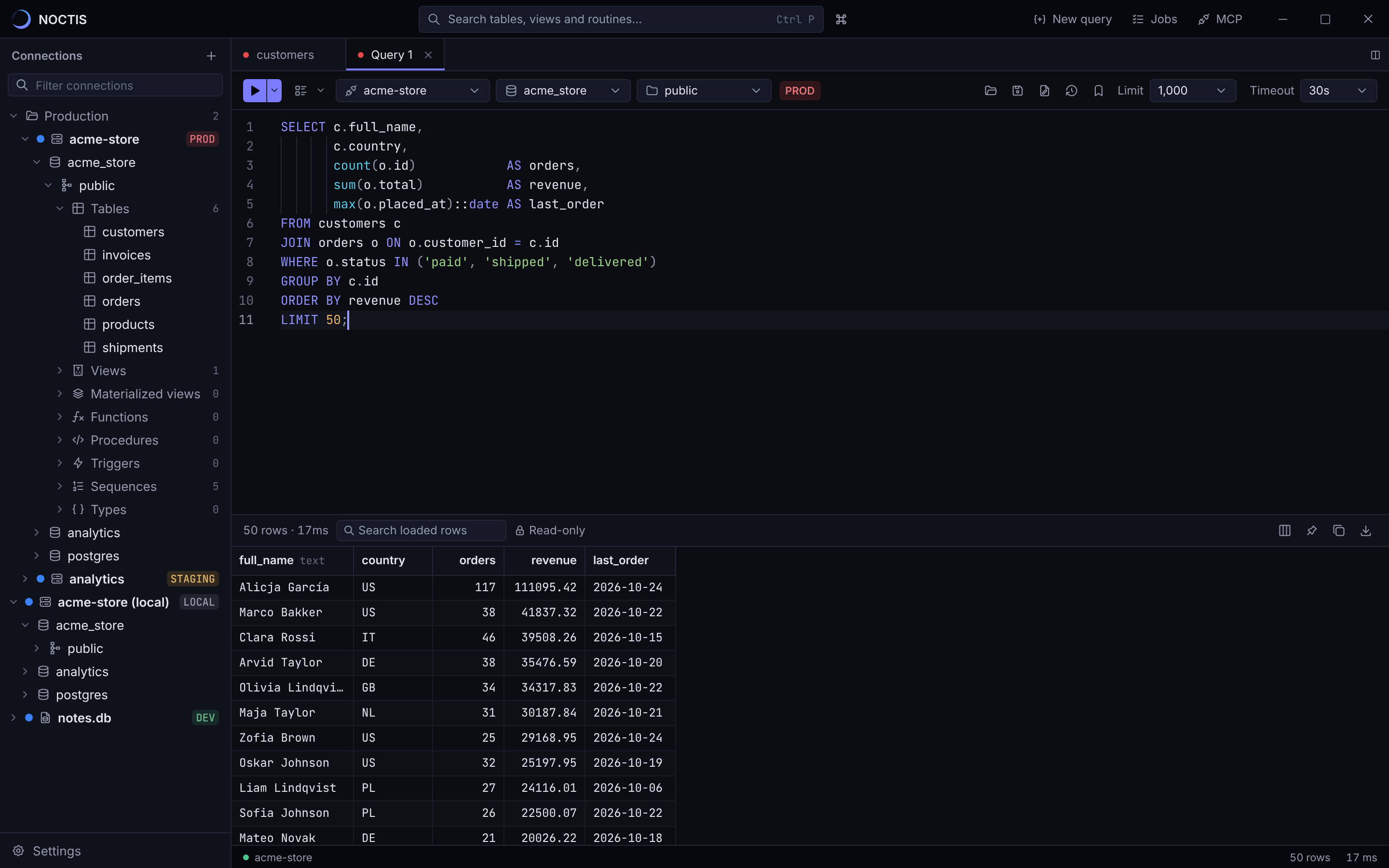 The NOCTIS query editor with a SQL join on the left sidebar's acme-store connection and fifty result rows below