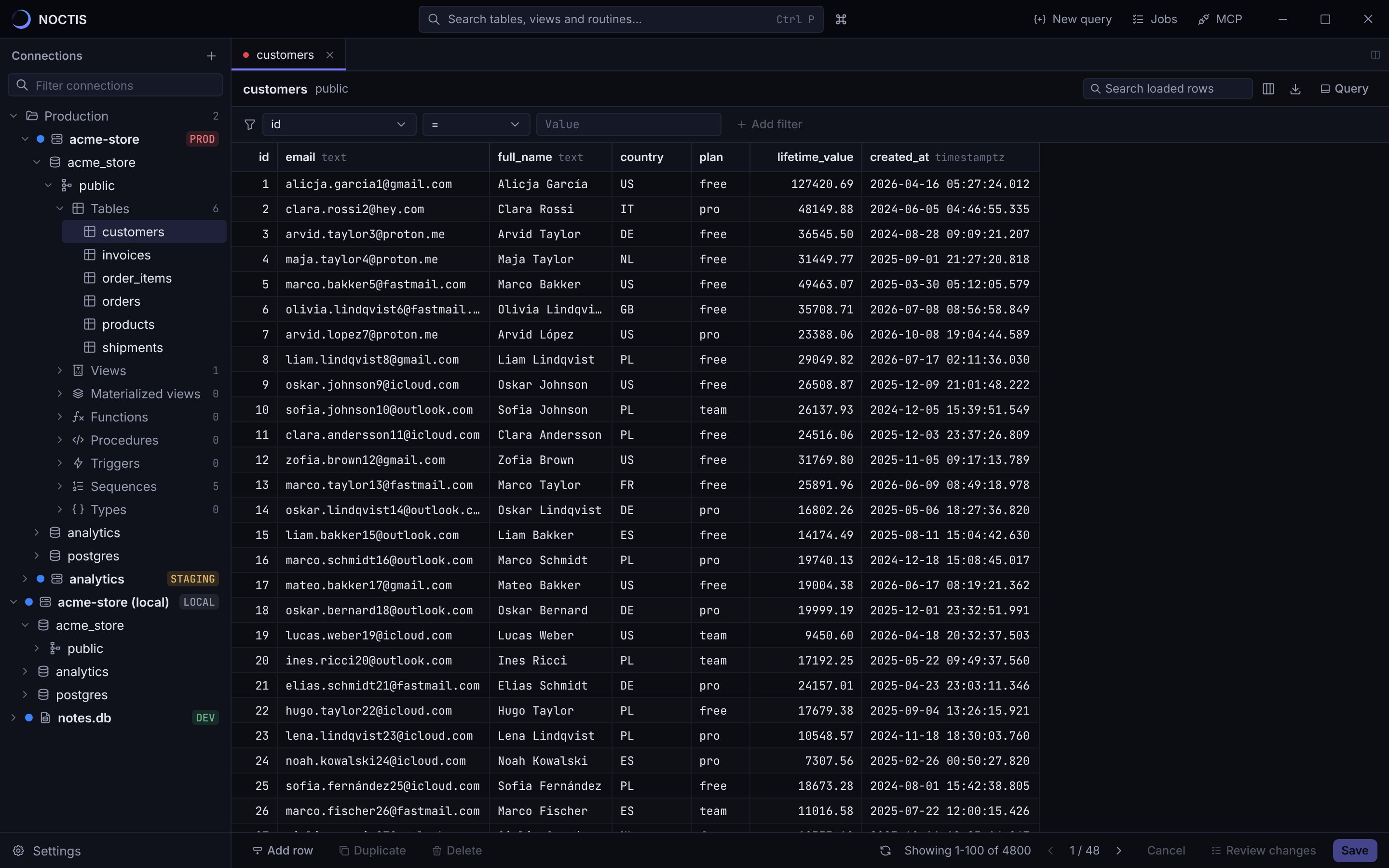The customers table open in the NOCTIS data grid with the connection tree on the left